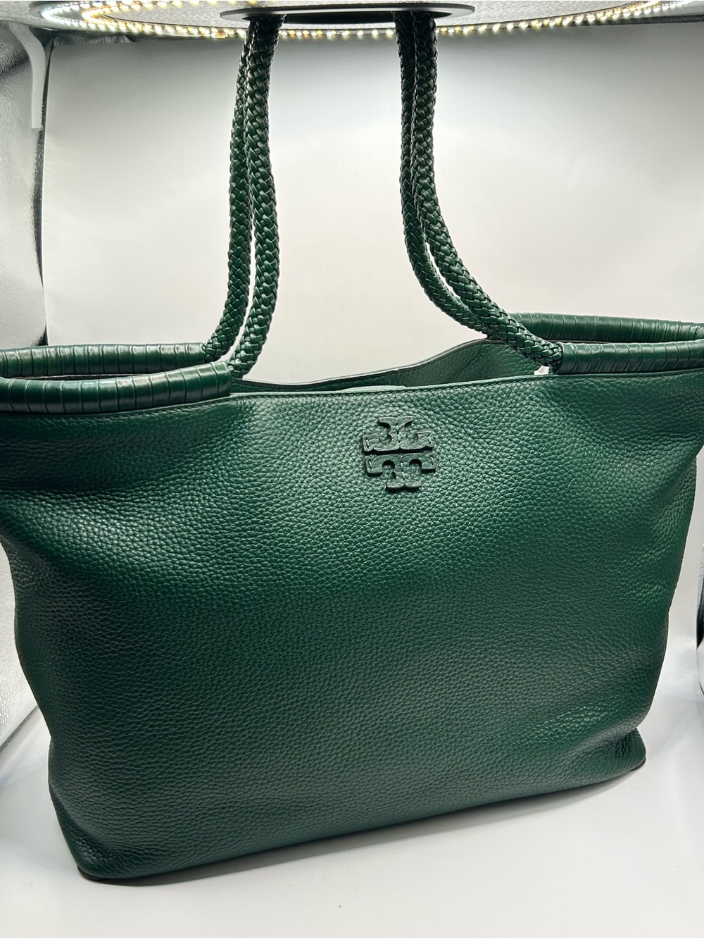 Tory Burch Taylor Green Pebbled Leather Braided-Handle Tote